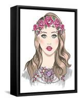 Young Girl Fashion Illustration. Girl with Flowers in Her Hair and Statement Necklace-cherry blossom girl-Framed Stretched Canvas