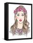 Young Girl Fashion Illustration. Girl with Flowers in Her Hair and Statement Necklace-cherry blossom girl-Framed Stretched Canvas