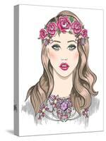 Young Girl Fashion Illustration. Girl with Flowers in Her Hair and Statement Necklace-cherry blossom girl-Stretched Canvas