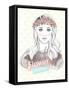Young Girl Fashion Illustration. Pastel Fashion Trend. Girl with Flower Crown.-cherry blossom girl-Framed Stretched Canvas