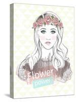 Young Girl Fashion Illustration. Pastel Fashion Trend. Girl with Flower Crown.-cherry blossom girl-Stretched Canvas