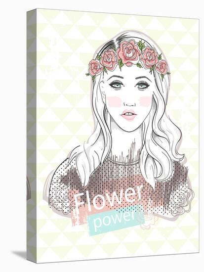 Young Girl Fashion Illustration. Pastel Fashion Trend. Girl with Flower Crown.-cherry blossom girl-Stretched Canvas