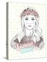 Young Girl Fashion Illustration. Pastel Fashion Trend. Girl with Flower Crown.-cherry blossom girl-Stretched Canvas