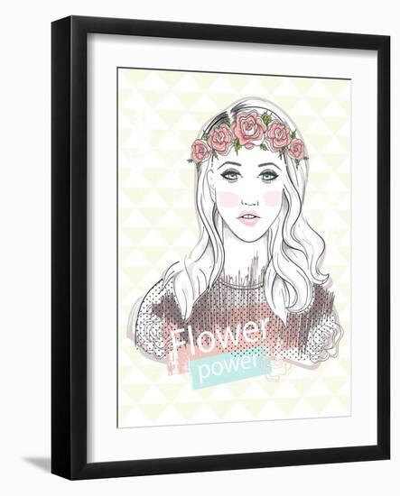 Young Girl Fashion Illustration. Pastel Fashion Trend. Girl with Flower Crown.-cherry blossom girl-Framed Art Print