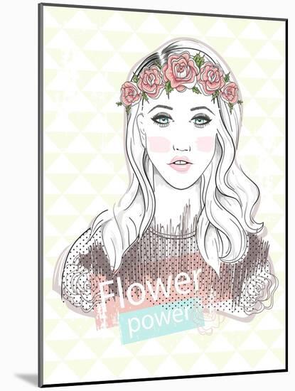 Young Girl Fashion Illustration. Pastel Fashion Trend. Girl with Flower Crown.-cherry blossom girl-Mounted Art Print