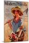 Young Girl Has a Hoe and a Gardening Basket-null-Mounted Art Print