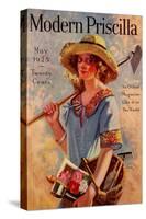 Young Girl Has a Hoe and a Gardening Basket-null-Stretched Canvas