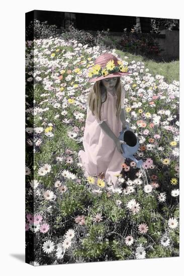 Young Girl in a Field of Flowers Watering Them-Nora Hernandez-Stretched Canvas