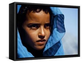 Young Girl in Characteristic Saharan Blue Headscarf Looking into Distance, Sahara, Southern Morocco-Mark Hannaford-Framed Stretched Canvas