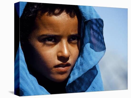 Young Girl in Characteristic Saharan Blue Headscarf Looking into Distance, Sahara, Southern Morocco-Mark Hannaford-Stretched Canvas