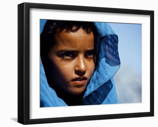 Young Girl in Characteristic Saharan Blue Headscarf Looking into Distance, Sahara, Southern Morocco-Mark Hannaford-Framed Photographic Print