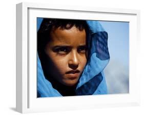 Young Girl in Characteristic Saharan Blue Headscarf Looking into Distance, Sahara, Southern Morocco-Mark Hannaford-Framed Photographic Print