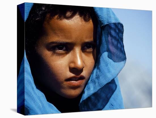 Young Girl in Characteristic Saharan Blue Headscarf Looking into Distance, Sahara, Southern Morocco-Mark Hannaford-Stretched Canvas