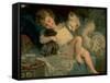 Young Girl Playing with Puppy and Kitten While Lying on Bed-null-Framed Stretched Canvas