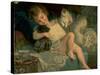 Young Girl Playing with Puppy and Kitten While Lying on Bed-null-Stretched Canvas