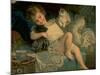 Young Girl Playing with Puppy and Kitten While Lying on Bed-null-Mounted Photographic Print