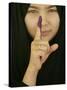 Young Girl Shows Her Inked Finger, Even Though She Was Too Young to Vote, in Karbala, Iraq-null-Stretched Canvas