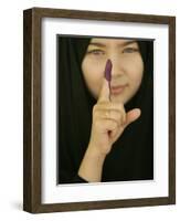 Young Girl Shows Her Inked Finger, Even Though She Was Too Young to Vote, in Karbala, Iraq-null-Framed Photographic Print