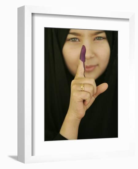 Young Girl Shows Her Inked Finger, Even Though She Was Too Young to Vote, in Karbala, Iraq-null-Framed Photographic Print