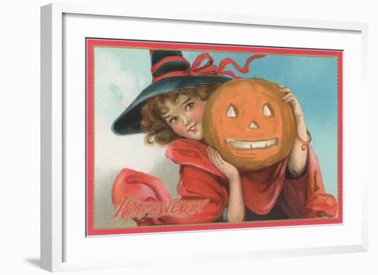 Young Girl Witch with Jack O'Lantern-null-Framed Art Print