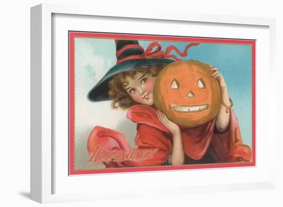 Young Girl Witch with Jack O'Lantern-null-Framed Art Print