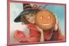 Young Girl Witch with Jack O'Lantern-null-Mounted Art Print