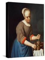 Young Girl with a Pestle and Mortar-Gabriel Metsu-Stretched Canvas