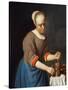 Young Girl with a Pestle and Mortar-Gabriel Metsu-Stretched Canvas