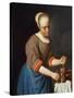 Young Girl with a Pestle and Mortar-Gabriel Metsu-Stretched Canvas