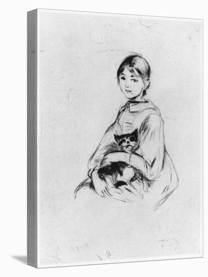 Young Girl with Cat, 1889 (Drypoint)-Berthe Morisot-Stretched Canvas