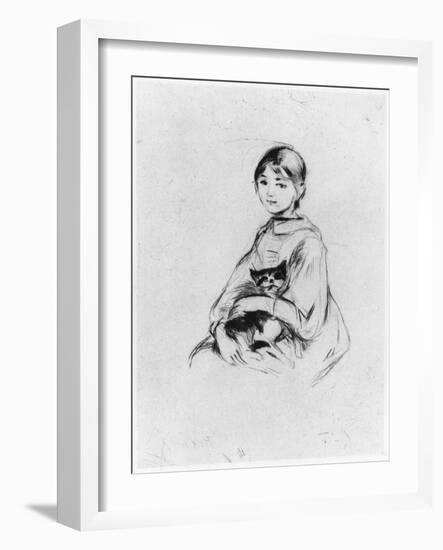 Young Girl with Cat, 1889 (Drypoint)-Berthe Morisot-Framed Giclee Print