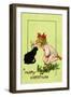 Young Girl with Red Bow and Shoes Holding Mistletoe Over a Black Cat, Beatrice Litzinger Collection-null-Framed Art Print