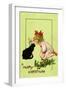 Young Girl with Red Bow and Shoes Holding Mistletoe Over a Black Cat, Beatrice Litzinger Collection-null-Framed Art Print