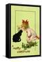Young Girl with Red Bow and Shoes Holding Mistletoe Over a Black Cat, Beatrice Litzinger Collection-null-Framed Stretched Canvas