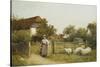 Young Girl with Sheep, by a Cottage-Benjamin D. Sigmund-Stretched Canvas