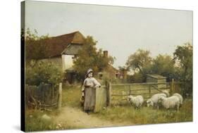 Young Girl with Sheep, by a Cottage-Benjamin D. Sigmund-Stretched Canvas