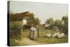 Young Girl with Sheep, by a Cottage-Benjamin D. Sigmund-Stretched Canvas