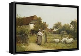 Young Girl with Sheep, by a Cottage-Benjamin D. Sigmund-Framed Stretched Canvas