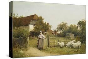 Young Girl with Sheep, by a Cottage-Benjamin D. Sigmund-Stretched Canvas
