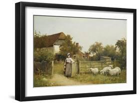 Young Girl with Sheep, by a Cottage-Benjamin D. Sigmund-Framed Giclee Print