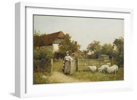 Young Girl with Sheep, by a Cottage-Benjamin D. Sigmund-Framed Giclee Print