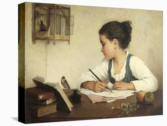 Young Girl Writing at Her Desk with Birds-Henriette Browne-Stretched Canvas