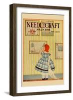 Young Girls Looks At a Selection of Old Needlepoints On a Wall-null-Framed Art Print