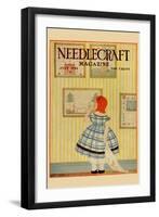 Young Girls Looks At a Selection of Old Needlepoints On a Wall-null-Framed Art Print