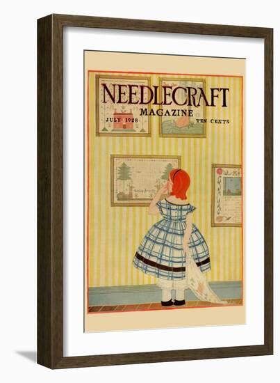 Young Girls Looks At a Selection of Old Needlepoints On a Wall-null-Framed Art Print