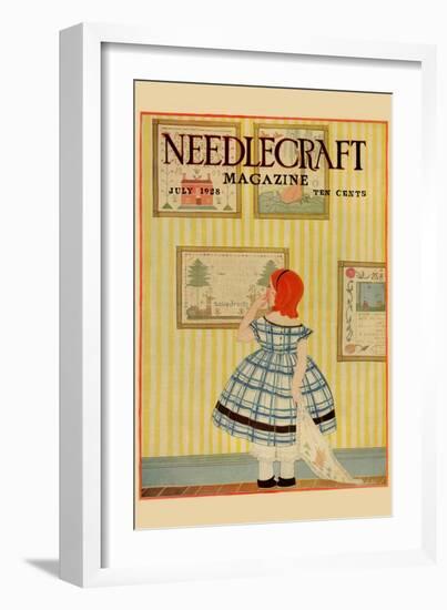 Young Girls Looks At a Selection of Old Needlepoints On a Wall-null-Framed Art Print