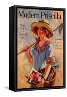 Young Grils Has a Hoe and a Gardening Basket-Modern Priscilla-Framed Stretched Canvas