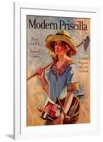 Young Grils Has a Hoe and a Gardening Basket-Modern Priscilla-Framed Art Print