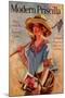 Young Grils Has a Hoe and a Gardening Basket-Modern Priscilla-Mounted Art Print