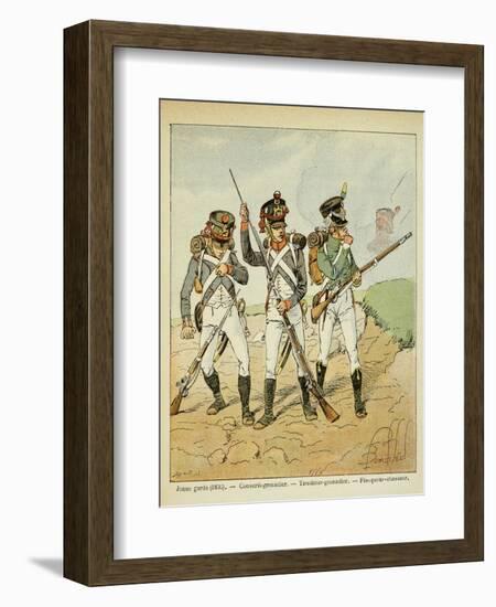 Young Guard: Conscript Grenadier, Tirailleur-Grenadier, and Flanqueur-Chasseur-Louis Bombled-Framed Art Print